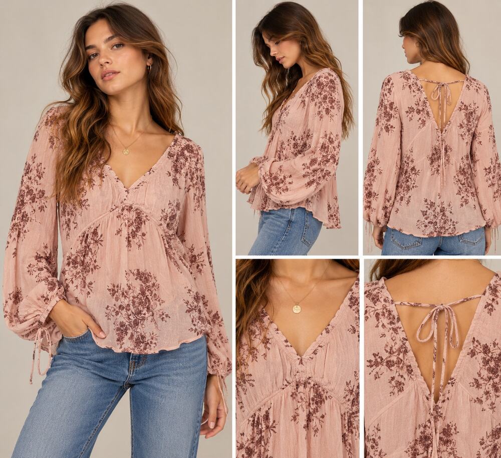 American Rag Dusty Pink Floral Peasant Blouse S Fairycore Boho Balloon Sleeves